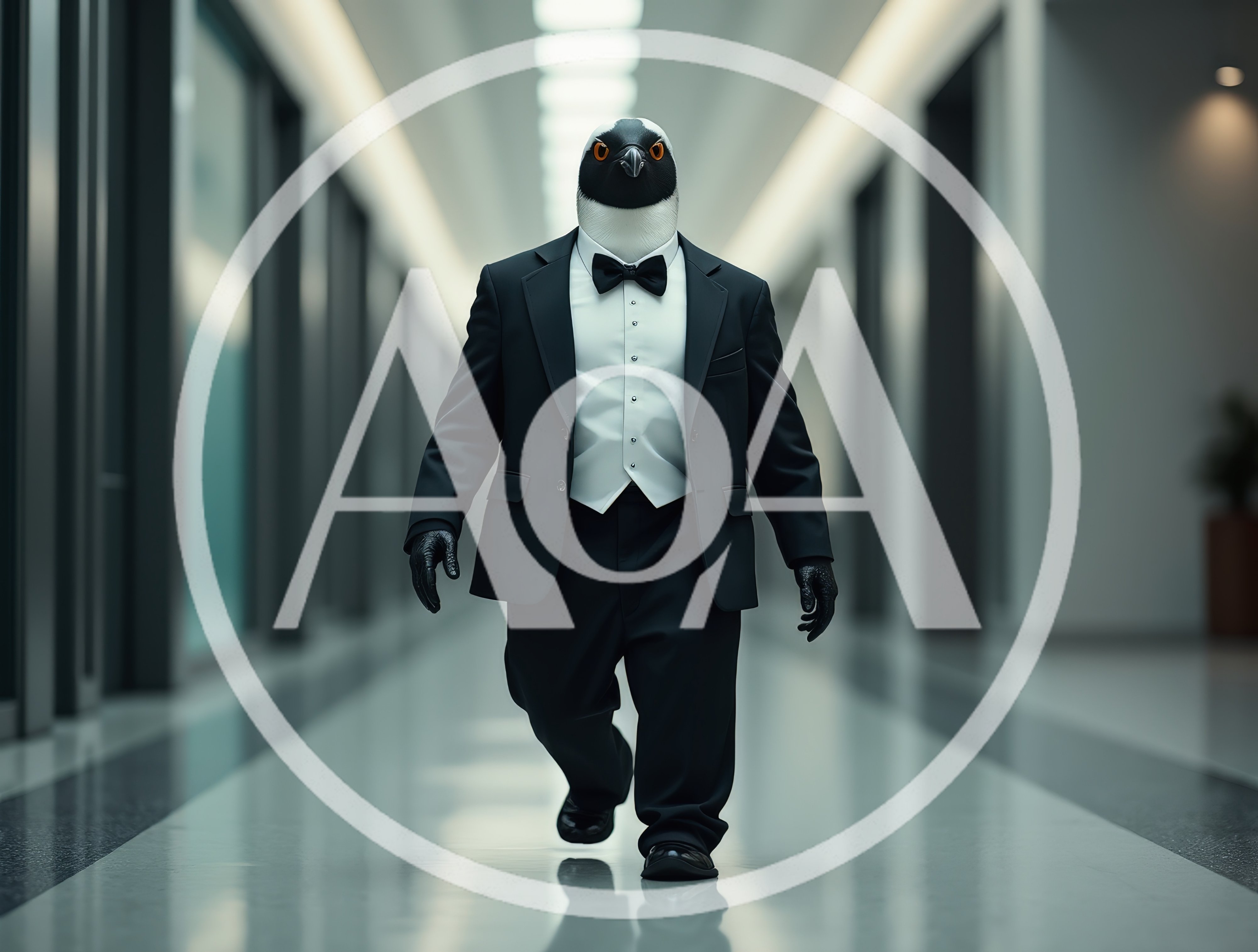 Anthropomorphic Penguin In A Tuxedo Walking Down Hallway