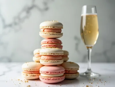 Stack Of Pink And White Macarons With Champagne