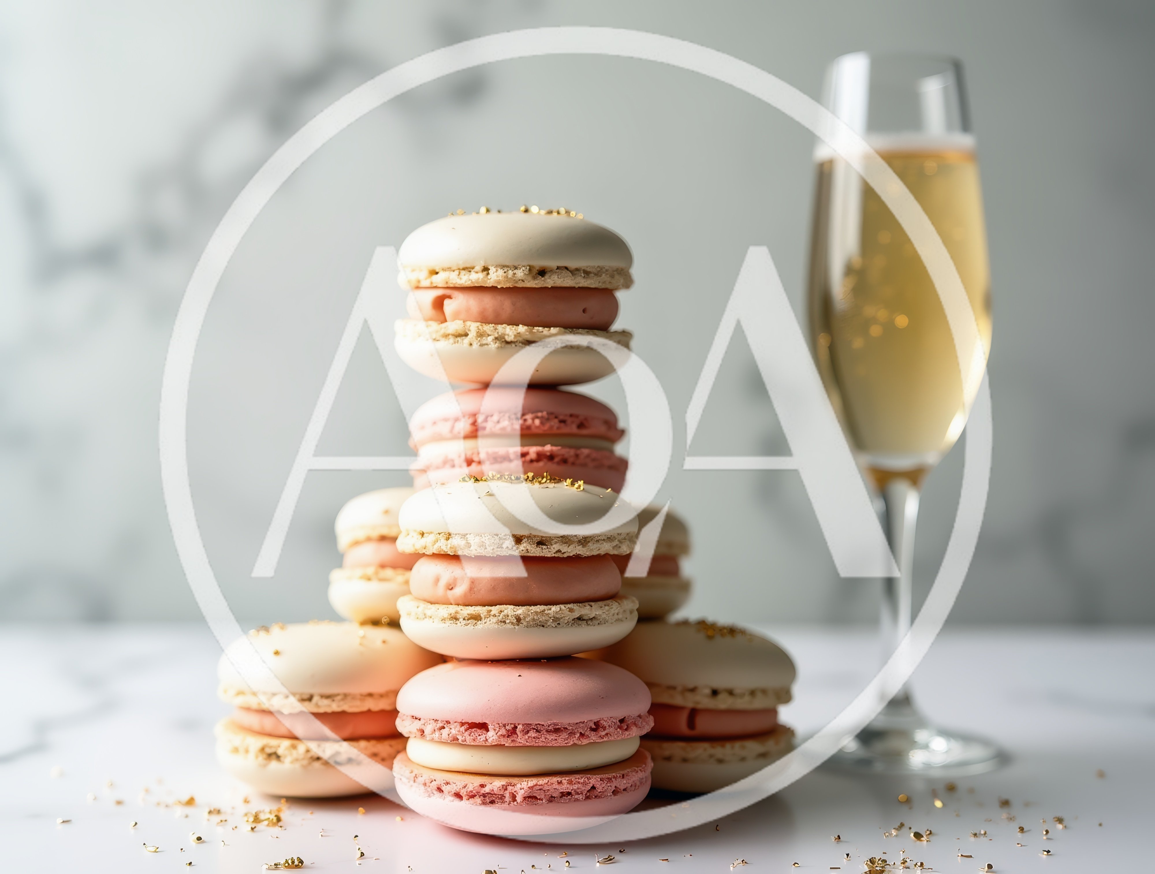 Stack Of Pink And White Macarons With Champagne