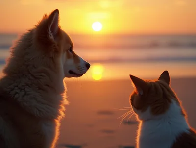 Dog and Cat Watching Sunset on Beach