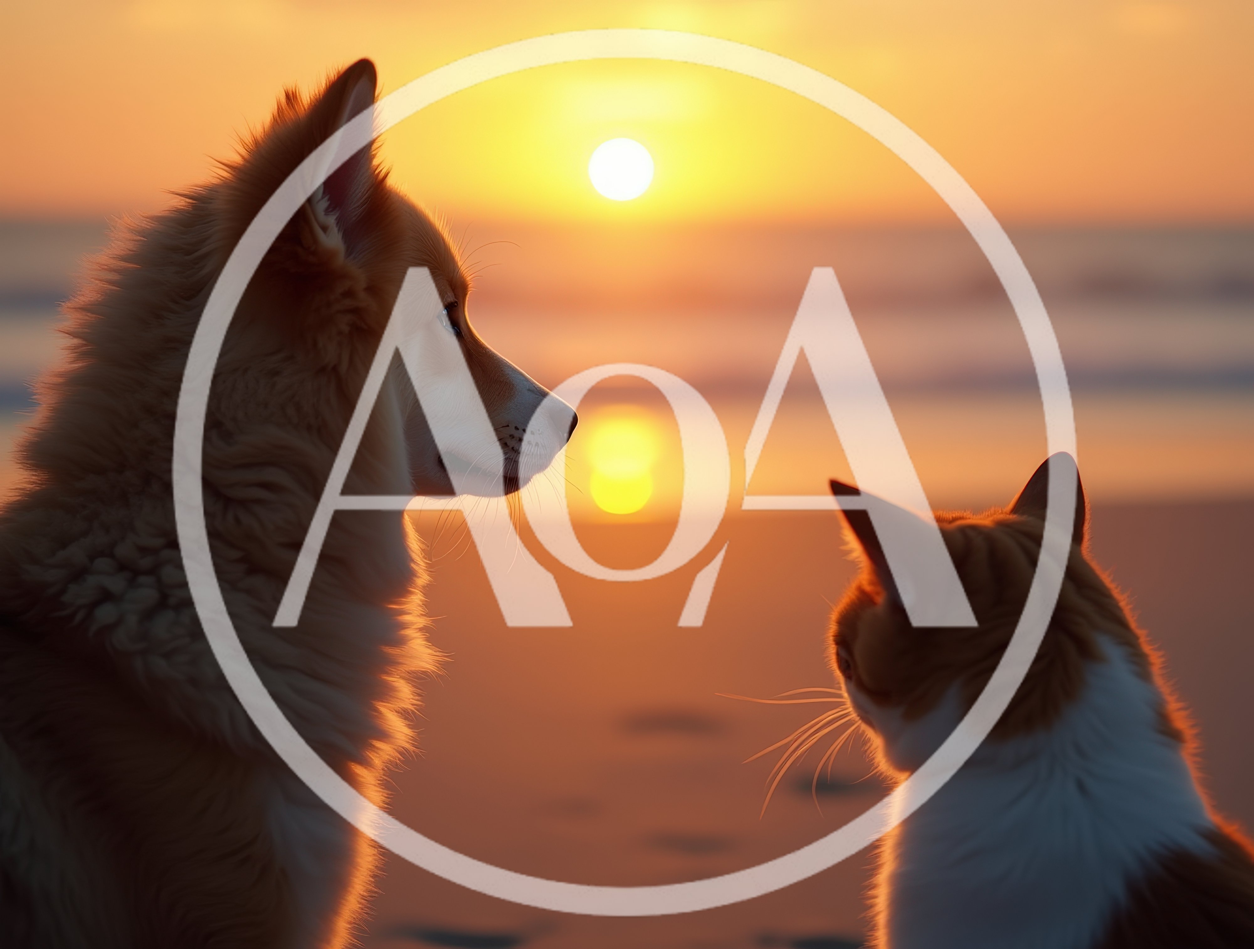 Dog and Cat Watching Sunset on Beach