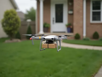 Delivery Drone Carrying Package Over Residential Lawn