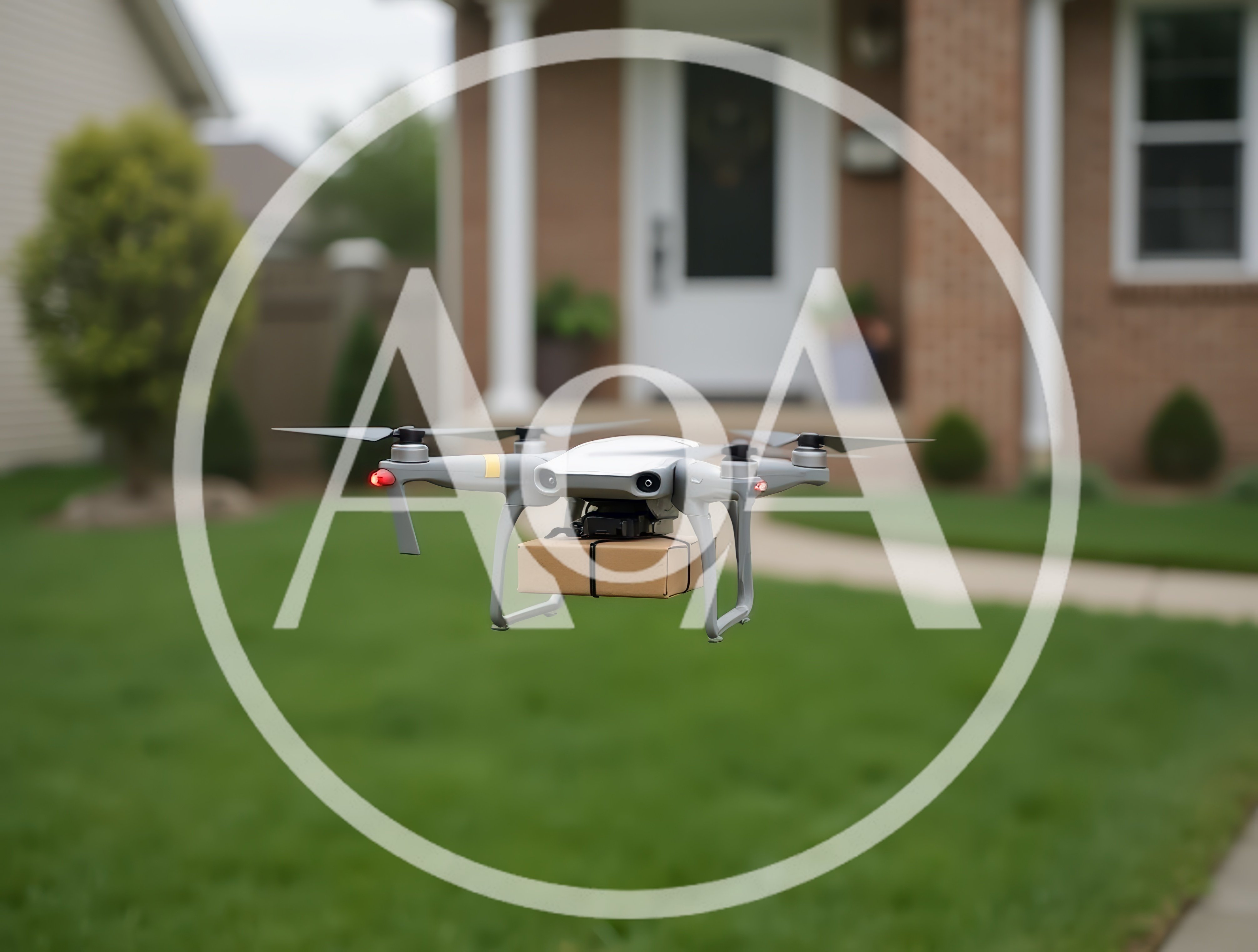 Delivery Drone Carrying Package Over Residential Lawn