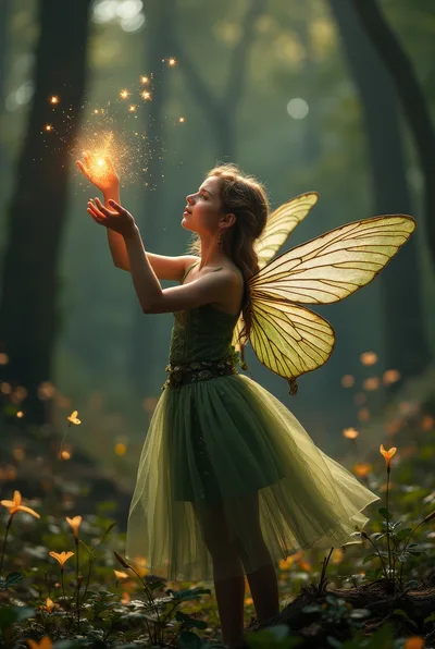 Young Fairy Girl Casting Magic Spells In Enchanted Forest