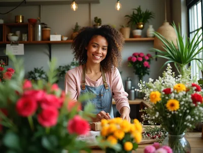 Smiling Florist Arranging Flowers In A Boutique Shop