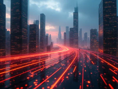 Futuristic Cityscape With Glowing Red Light Trails