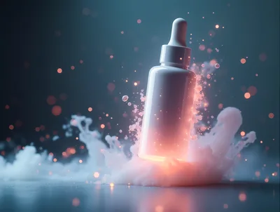 White Cosmetic Dropper Bottle With Glowing Liquid Splash