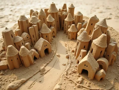 Intricate Sandcastle Village On A Sandy Beach