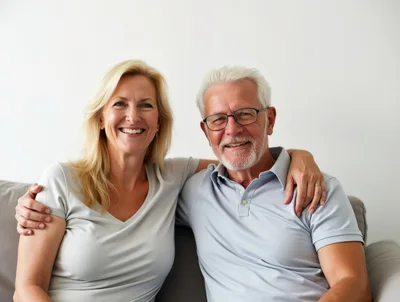 Happy Senior Couple Sitting Together On A Sofa