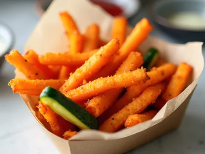 Crispy Fried Carrot Sticks In A Paper Container