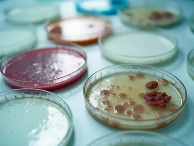 Petri Dishes With Bacterial Cultures In Laboratory