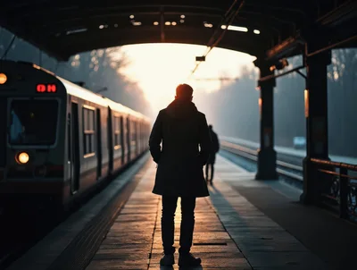 Man Standing Alone on a Train Platform at Sunset