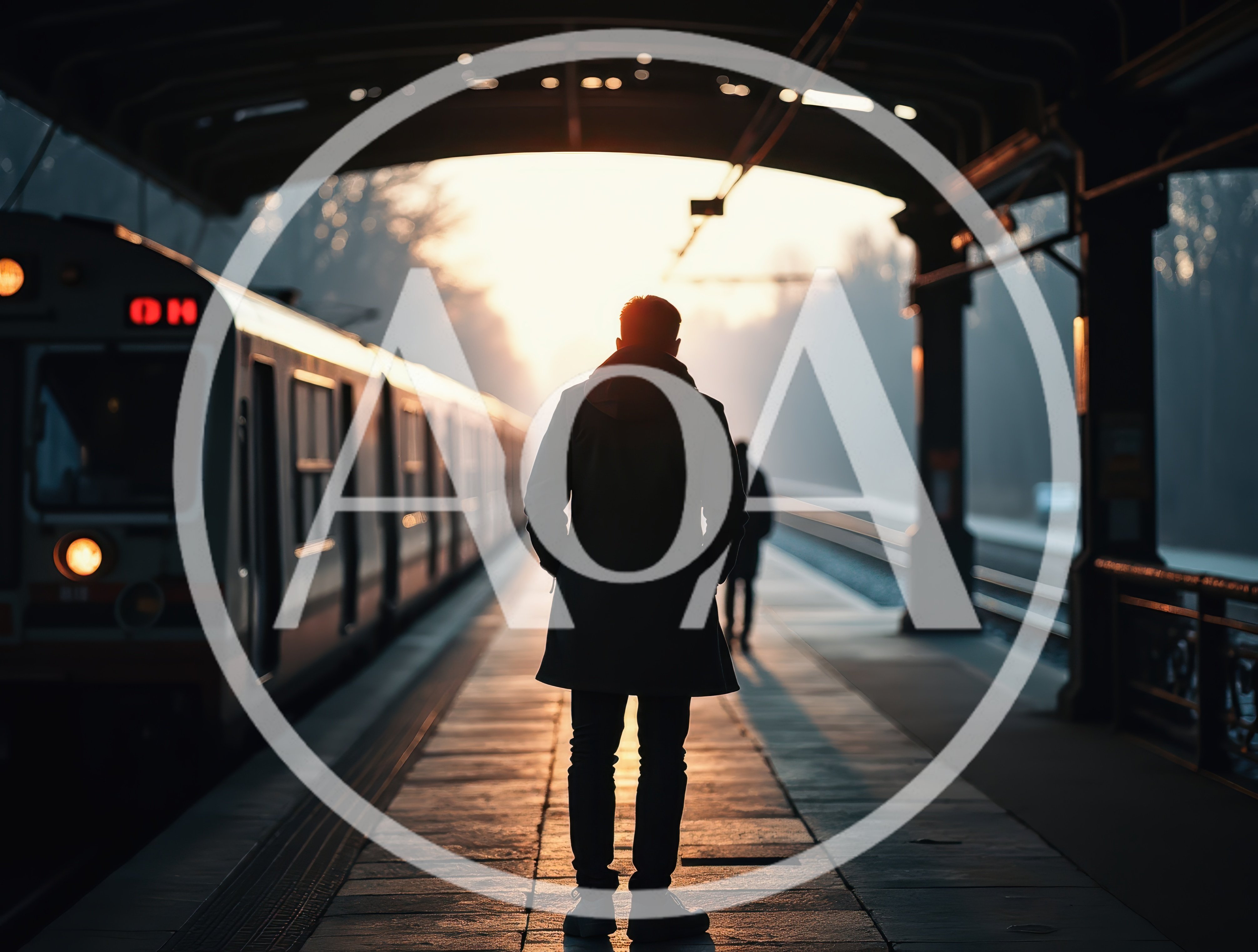 Man Standing Alone on a Train Platform at Sunset