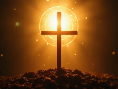 Christian Cross Silhouette Against Glowing Golden Light