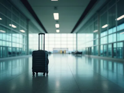 Single Suitcase Standing Alone In Empty Airport Terminal