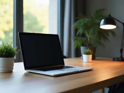Modern Laptop On A Wooden Desk In Home Office