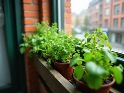 Potted Herb Garden On A Sunny Window Sill