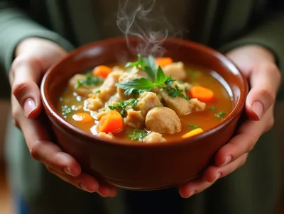 Person Holding A Bowl Of Steaming Chicken Soup