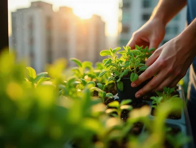 Person Planting Seedlings In A Sunny Urban Garden