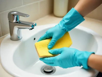 Person Cleaning Bathroom Sink With Yellow Sponge