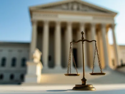 Brass Scales Of Justice Before Supreme Court Building