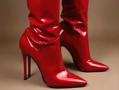 Pair Of Shiny Red Patent Leather Stiletto Boots