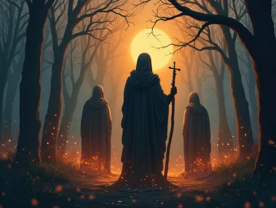 Three Cloaked Figures Standing In A Misty Forest