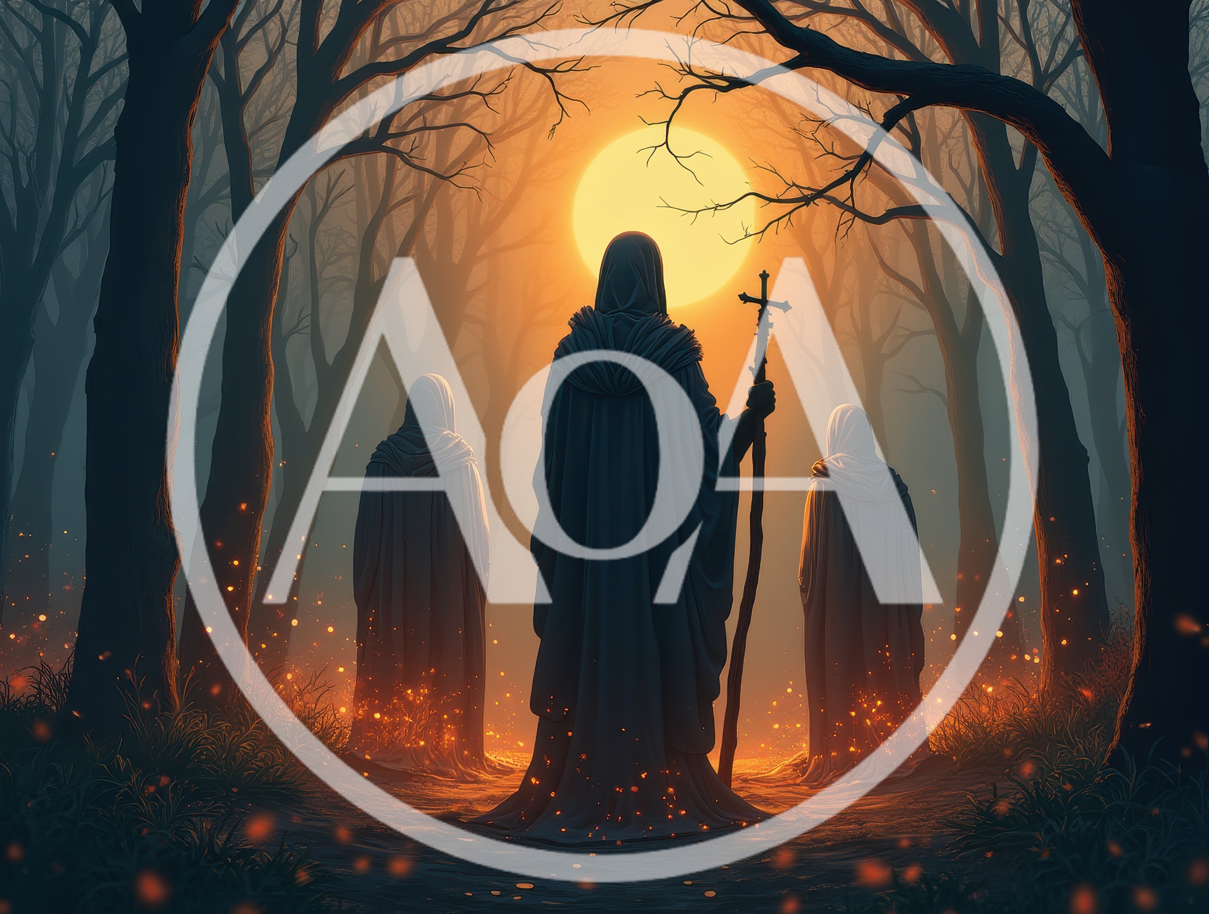 Three Cloaked Figures Standing In A Misty Forest