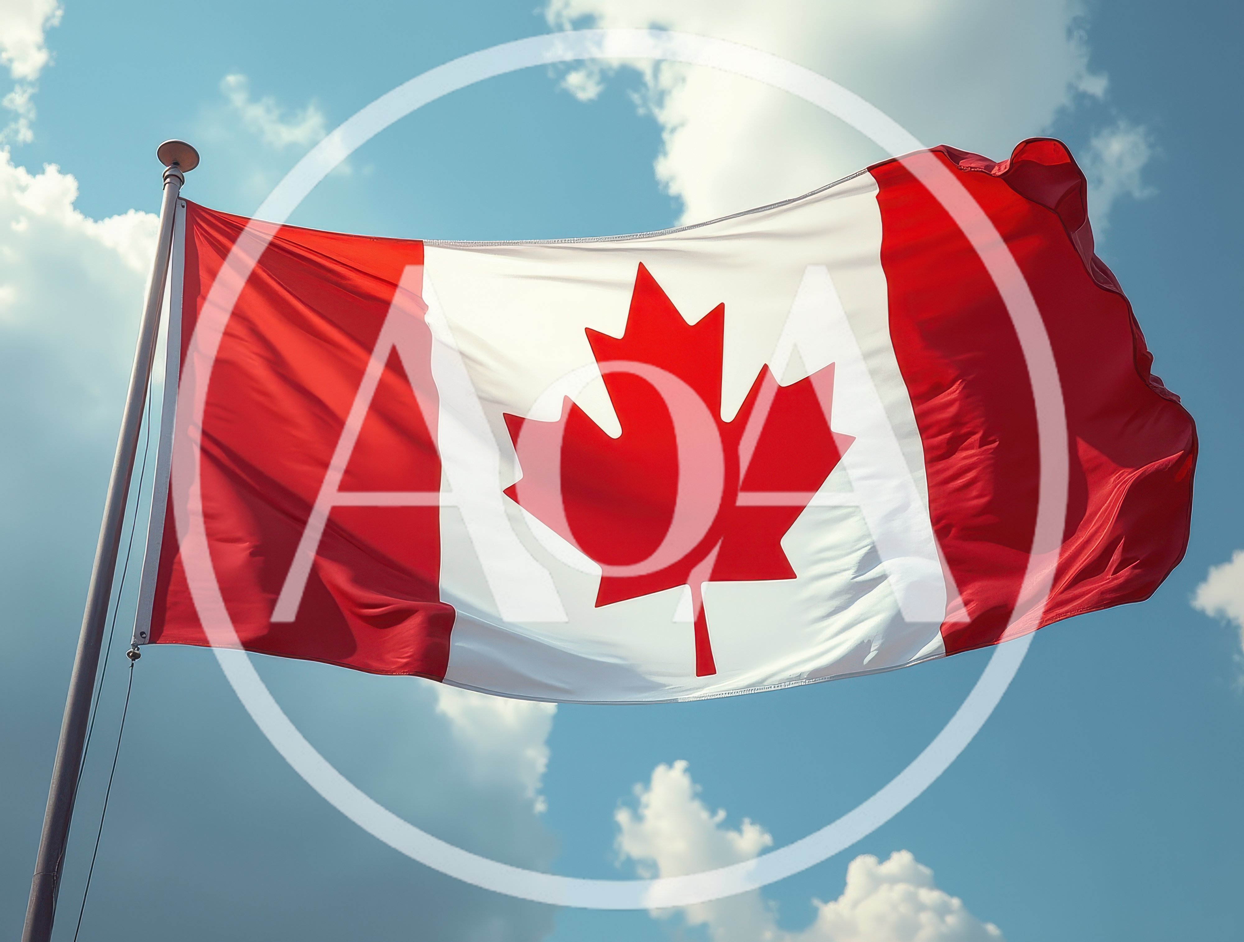 Canadian Flag Waving Against A Blue Sky