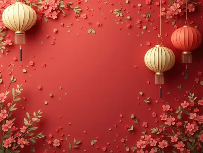 Chinese New Year Background with Lanterns and Cherry Blossoms