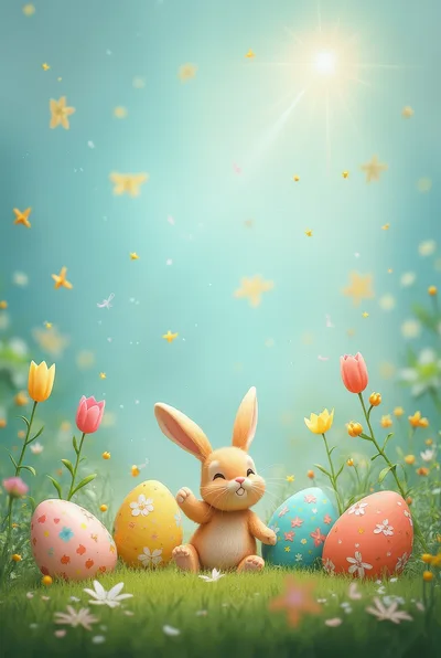 Cute Easter Bunny Sitting With Decorated Eggs