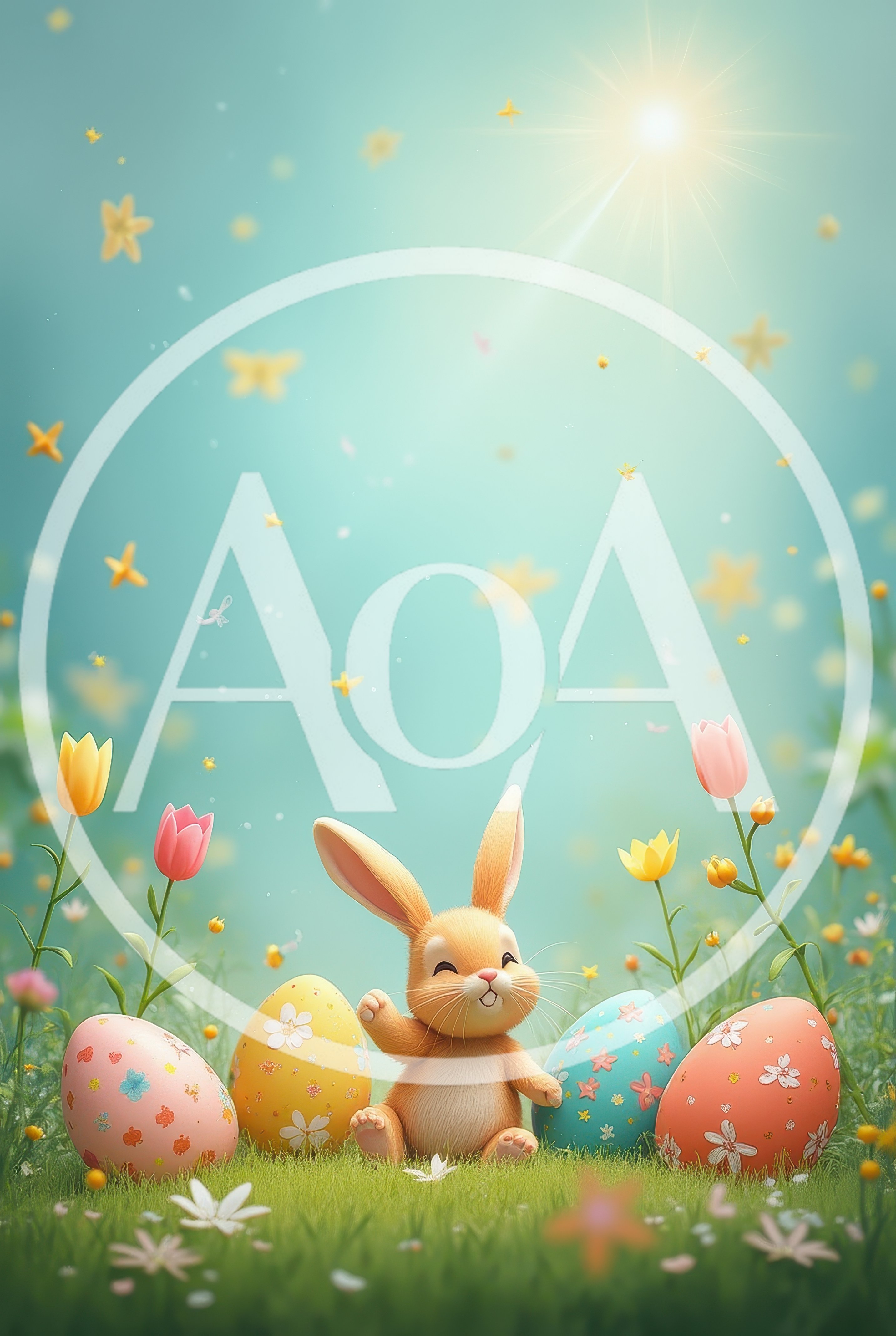 Cute Easter Bunny Sitting With Decorated Eggs