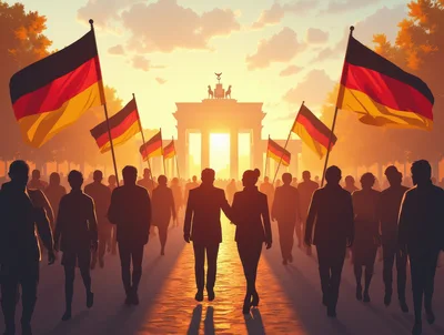 Crowd Walking Towards Brandenburg Gate With German Flags