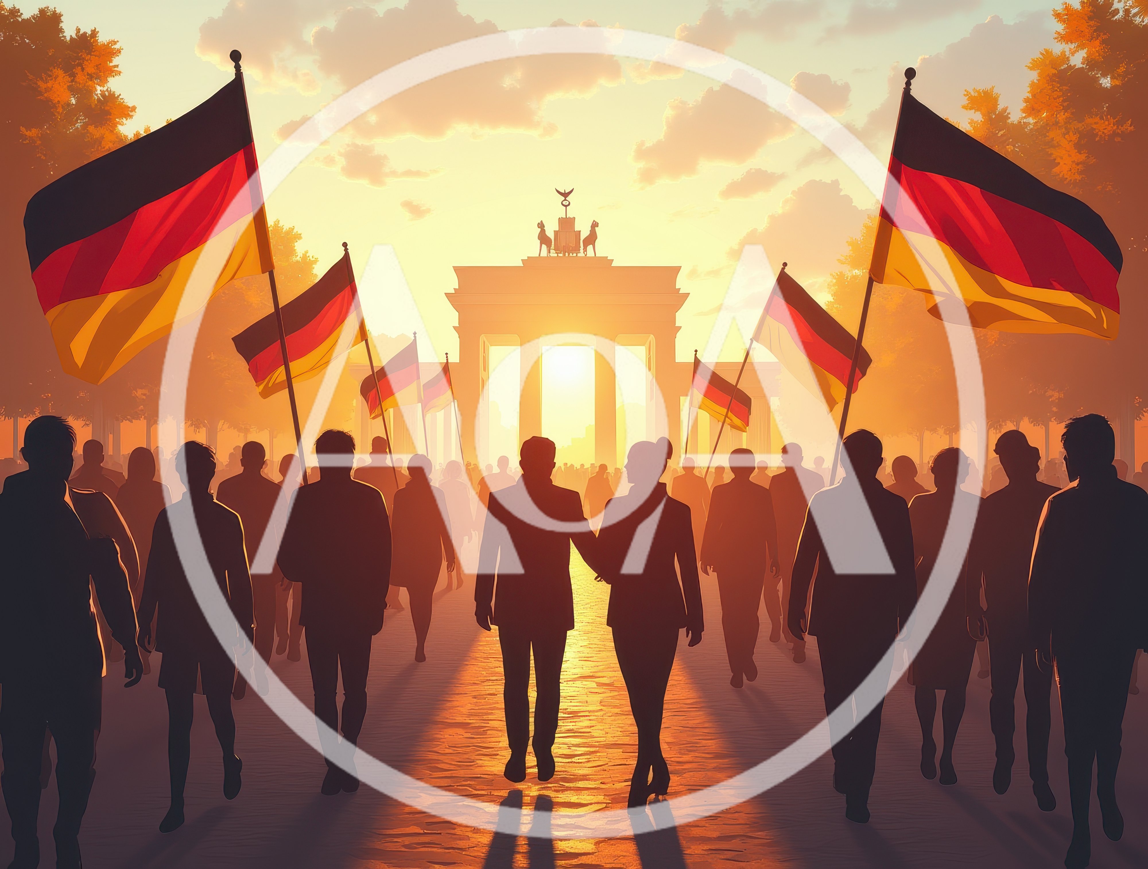 Crowd Walking Towards Brandenburg Gate With German Flags