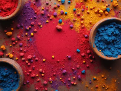 Colorful Holi Festival Powder Bowls On Brown Background