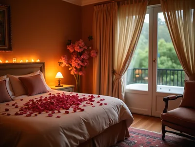 Romantic Bedroom Decorated With Rose Petals And Candles