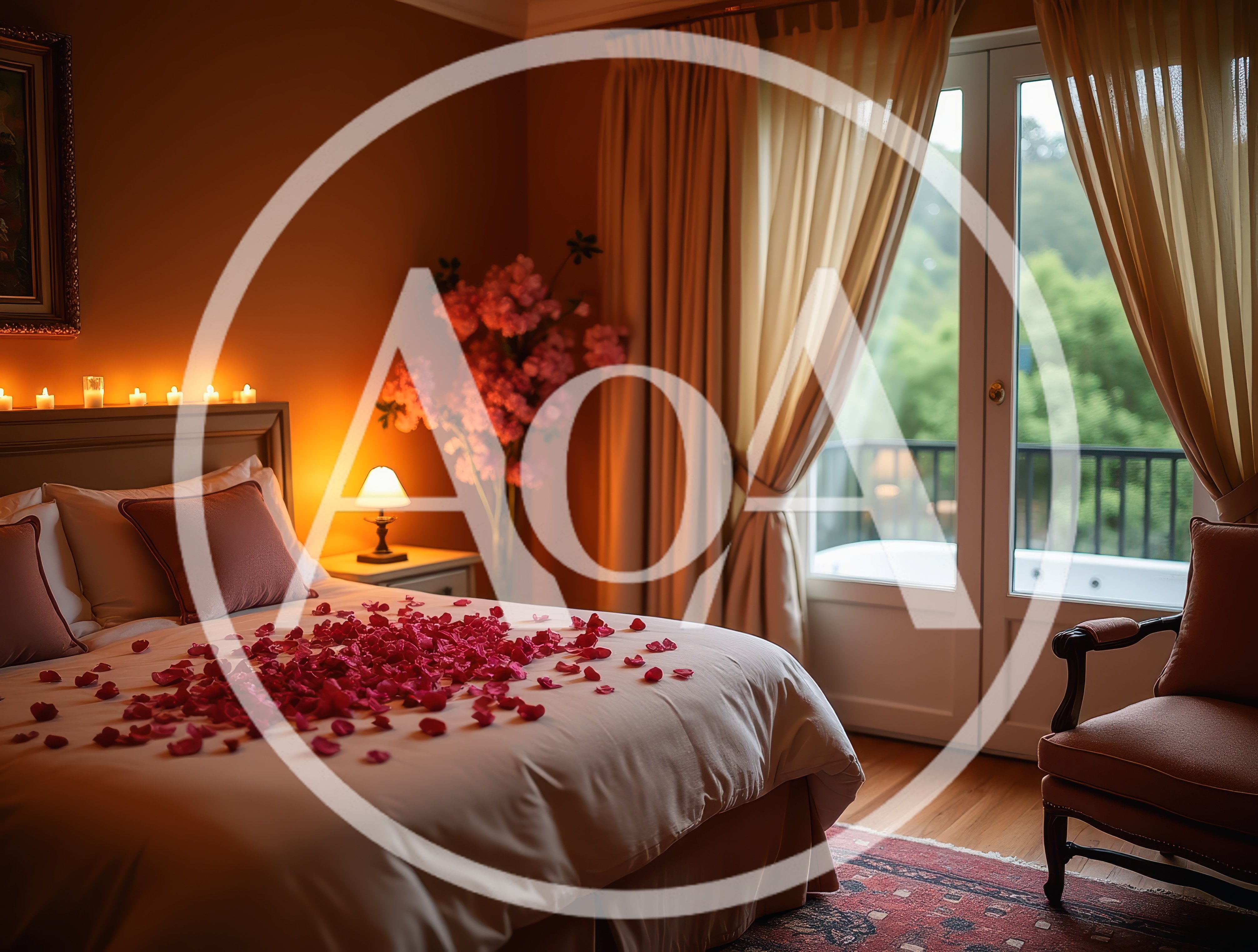 Romantic Bedroom Decorated With Rose Petals And Candles