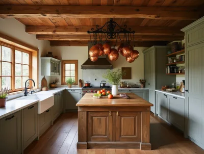 Rustic Farmhouse Kitchen With Wooden Island And Copper Pots