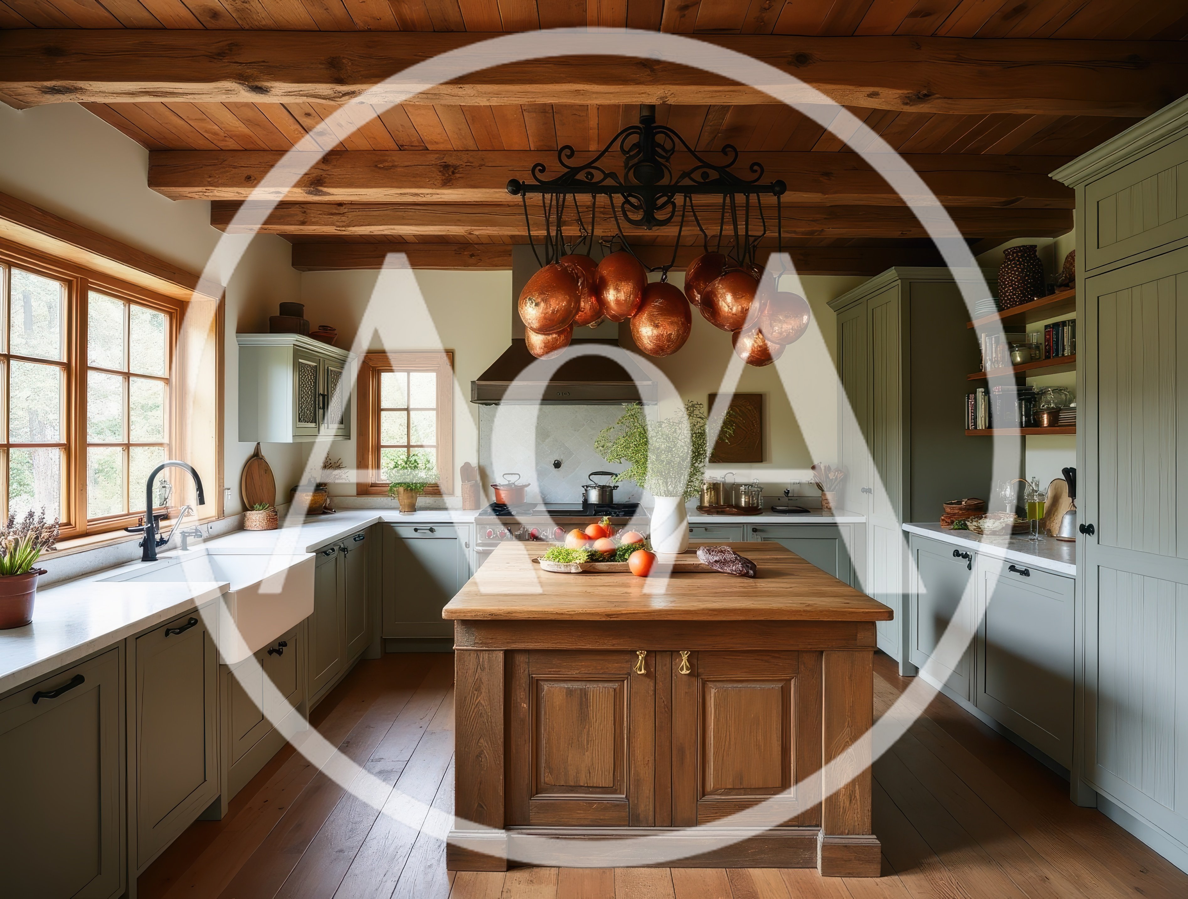 Rustic Farmhouse Kitchen With Wooden Island And Copper Pots