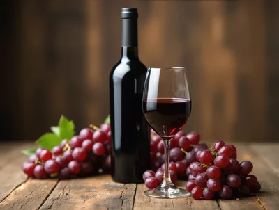 Red Wine Bottle And Glass With Fresh Grapes