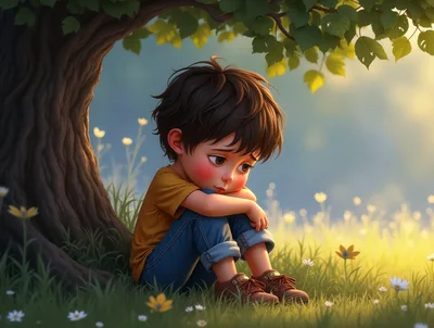 Sad Little Boy Sitting Under A Tree