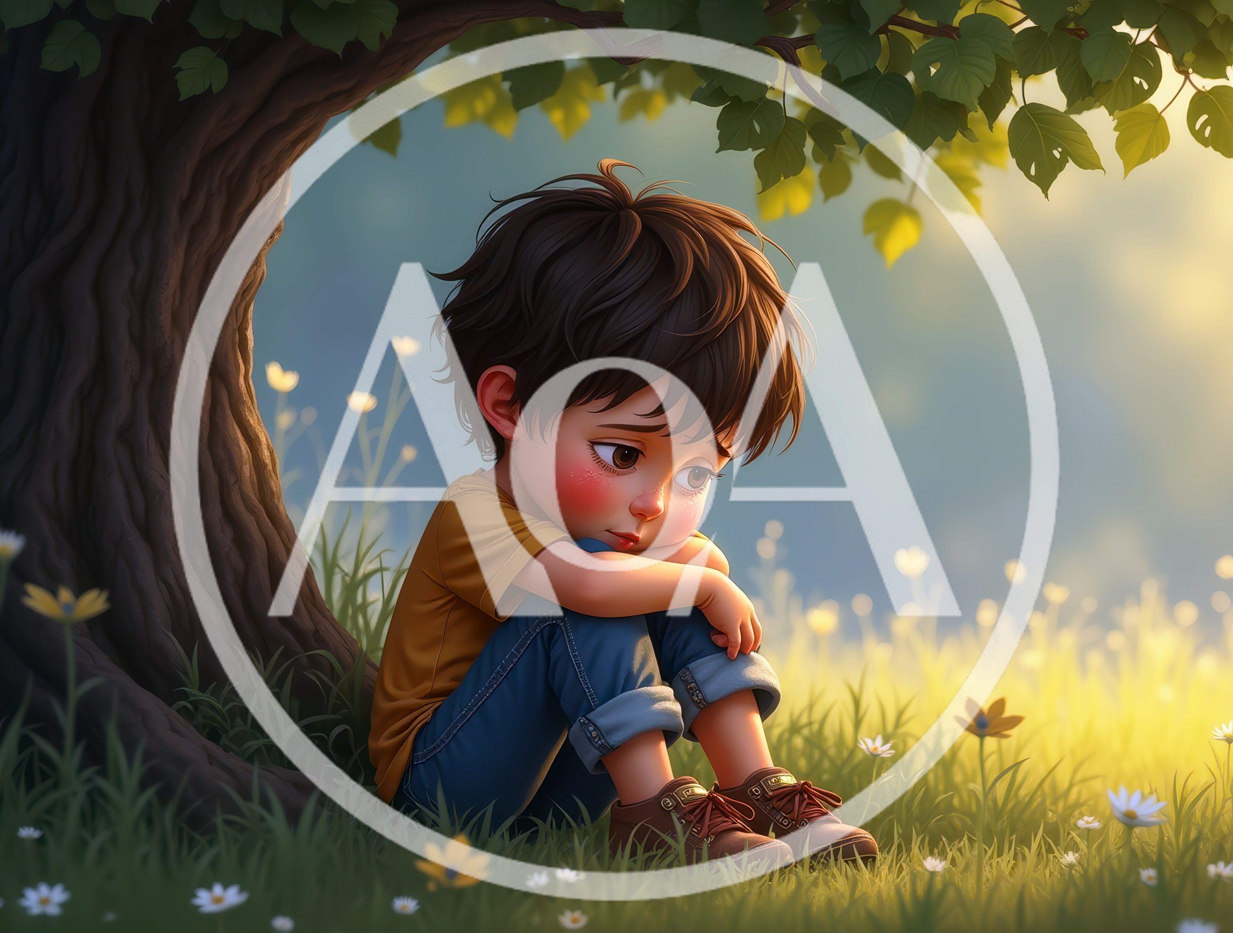 Sad Little Boy Sitting Under A Tree