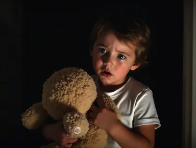 Scared Young Boy Holding Teddy Bear in Dark Room