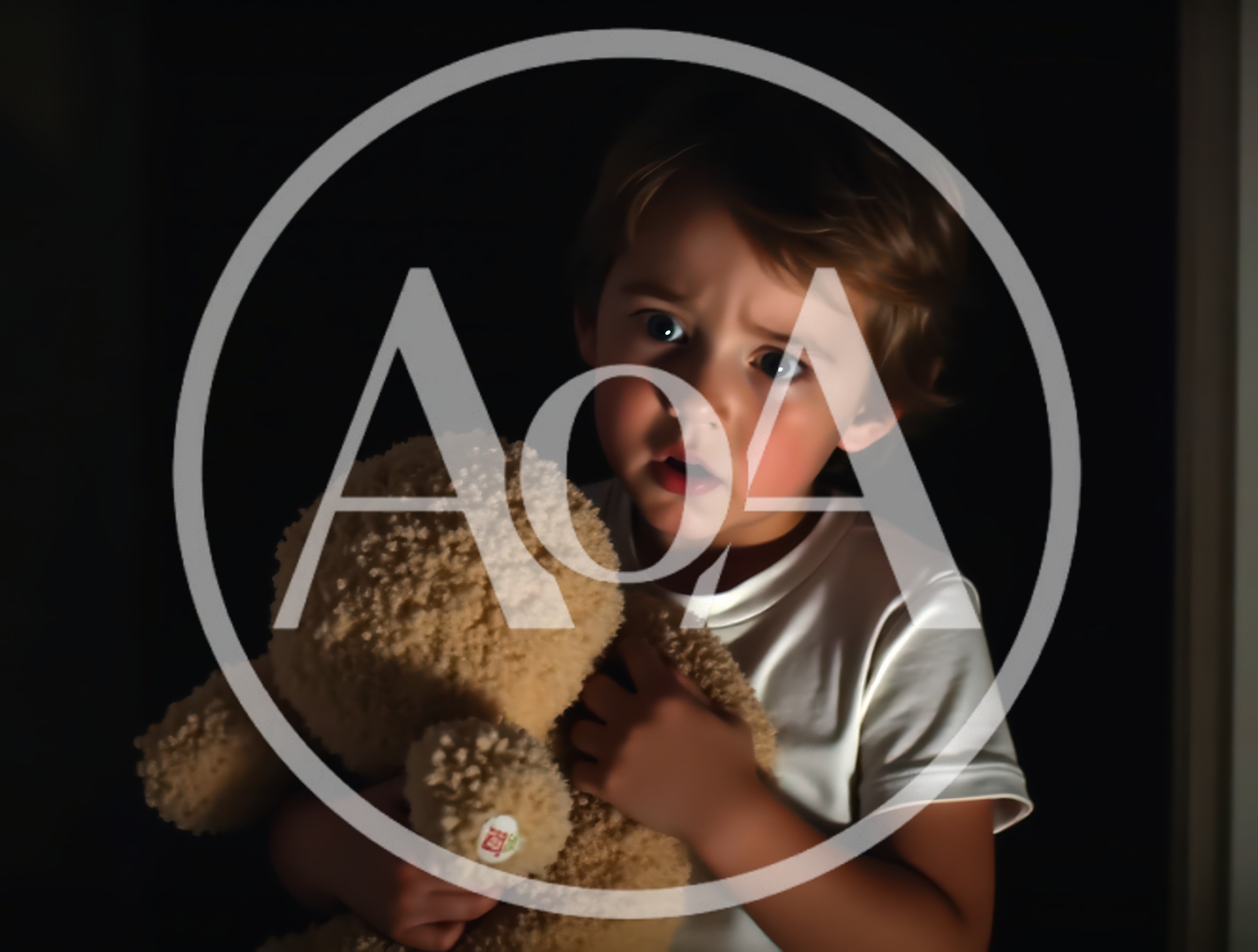 Scared Young Boy Holding Teddy Bear in Dark Room