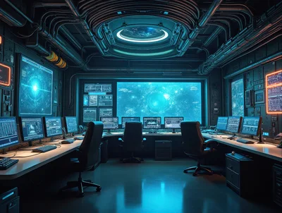 Futuristic Command Center With Glowing Digital Displays