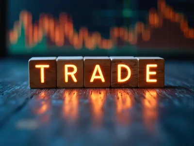 Glowing Wooden Blocks Spelling Trade On Dark Surface