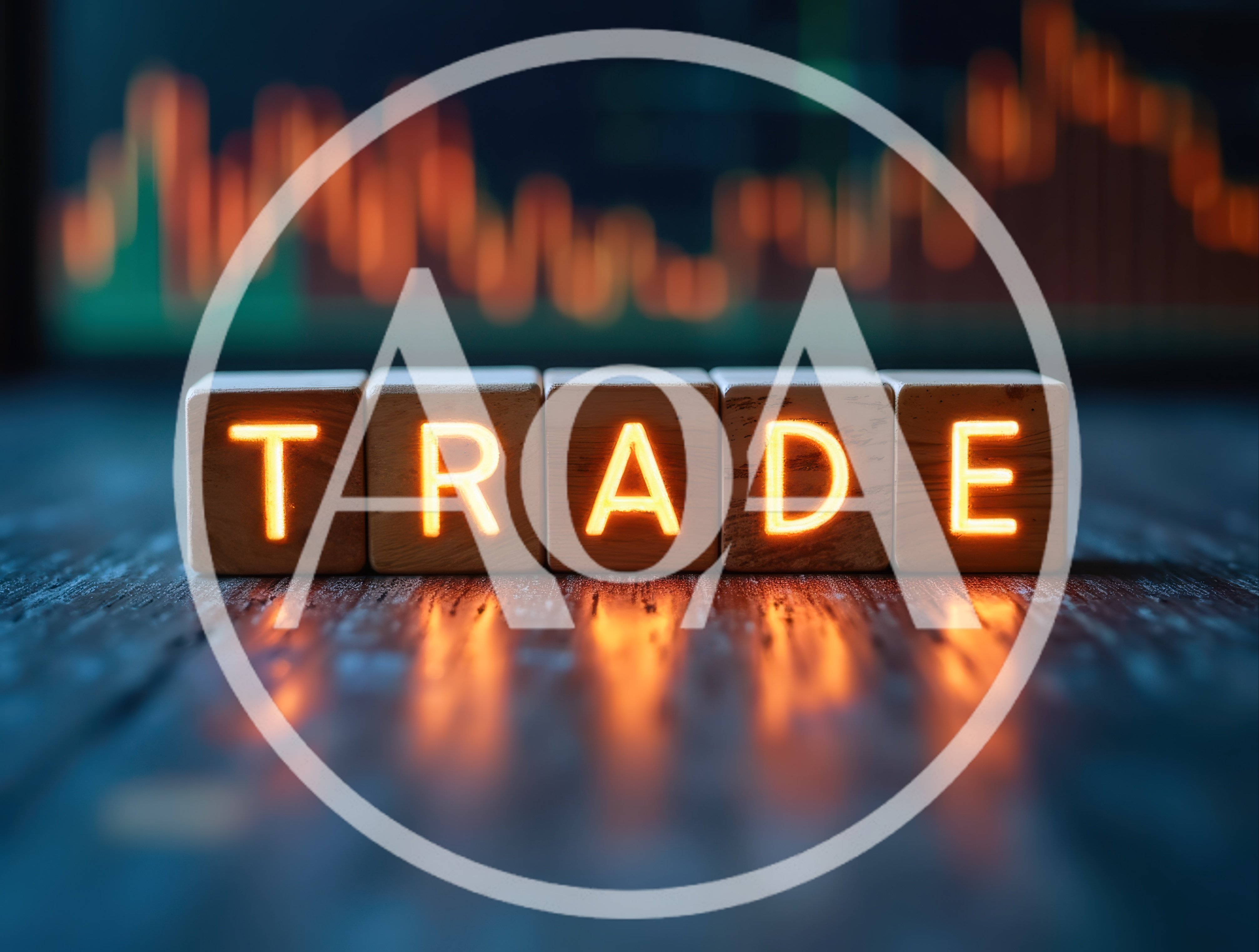 Glowing Wooden Blocks Spelling Trade On Dark Surface