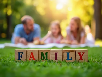 Wooden Blocks Spelling Family On Green Grass
