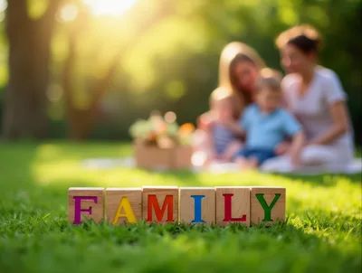 Wooden Blocks Spelling Family On Green Grass