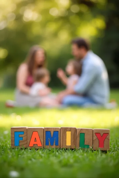 Wooden Blocks Spelling Family With Blurred Family In Background